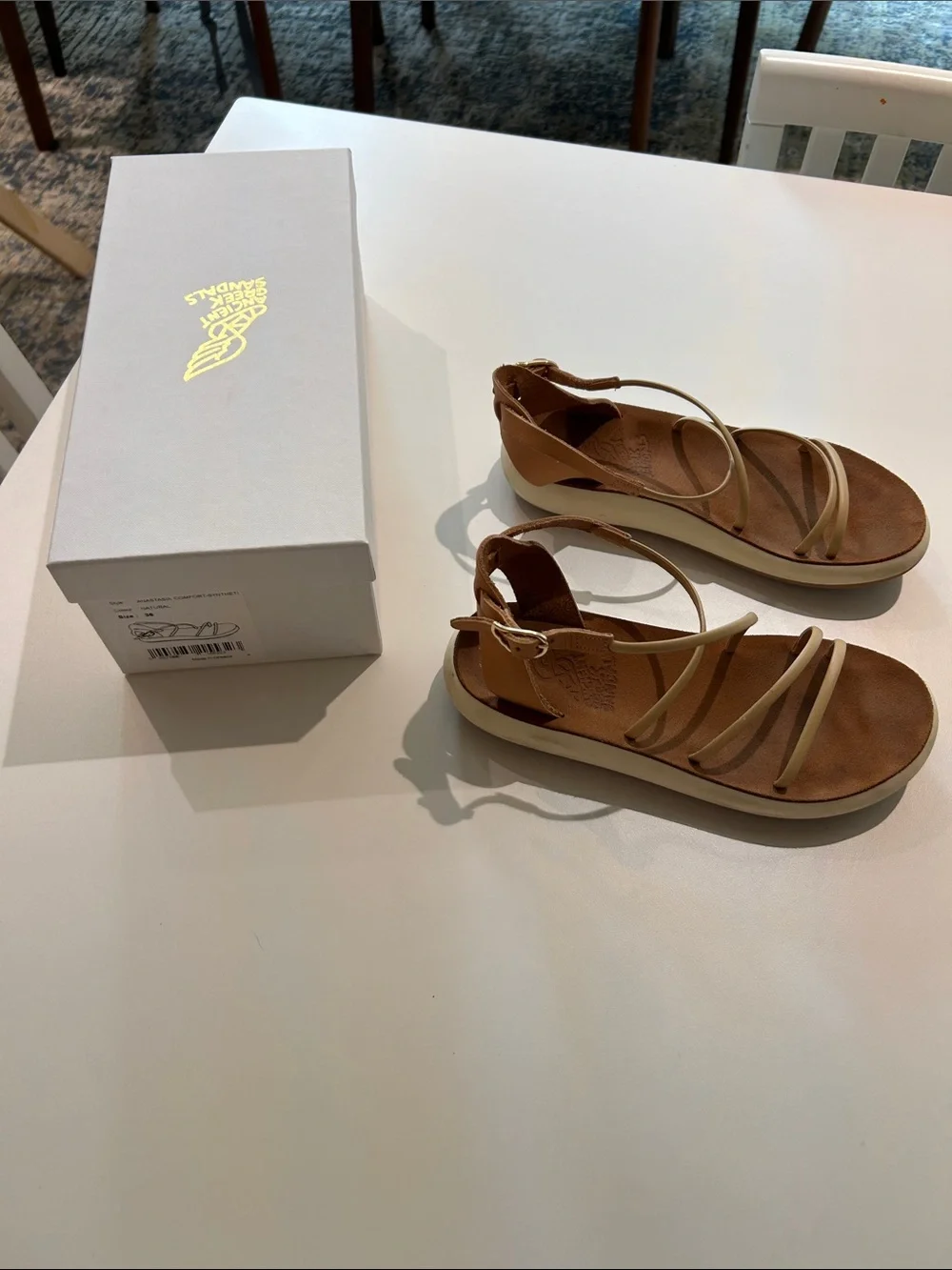 Ancient Greek Sandals Brown and Cream Leather Strappy Flat Sandals